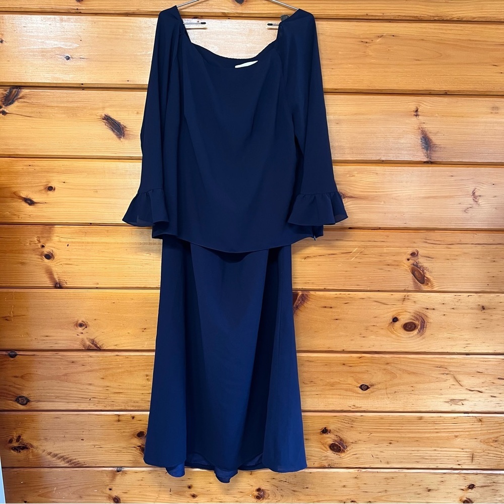 2 Pieces Set AMSALE Ruffle 3/4 Sleeves Top and Maxi Skirt Navy Lined Pluse 20